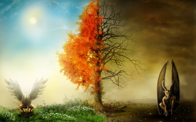 Angel and Demon on Tree — Orange, Dramatic