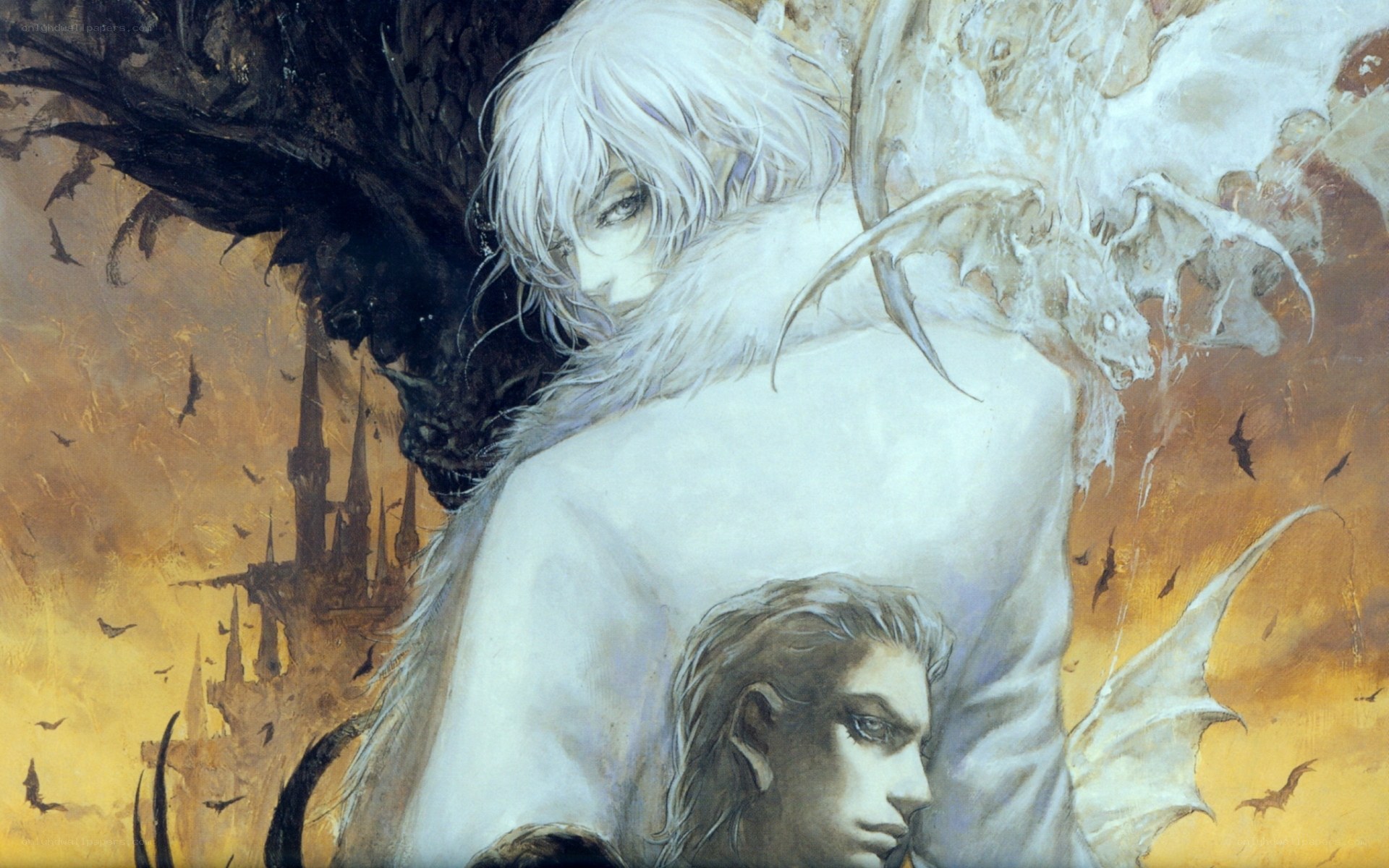 Angel and demon with castle
