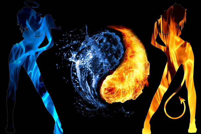 Angel and devil figures with yin-yang