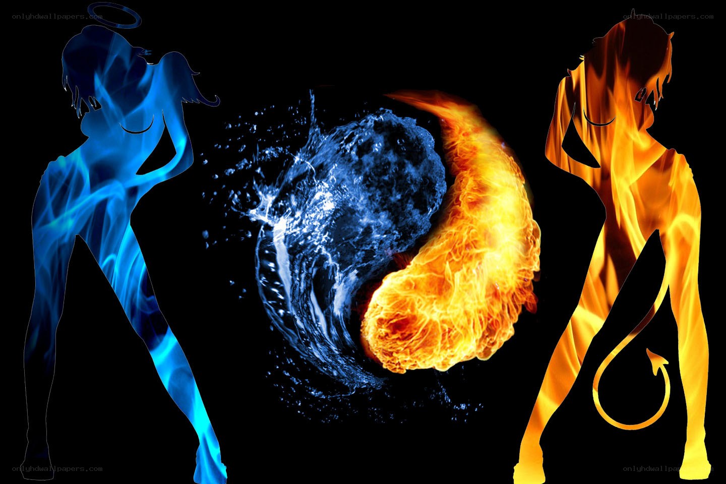 Angel and devil figures with yin-yang