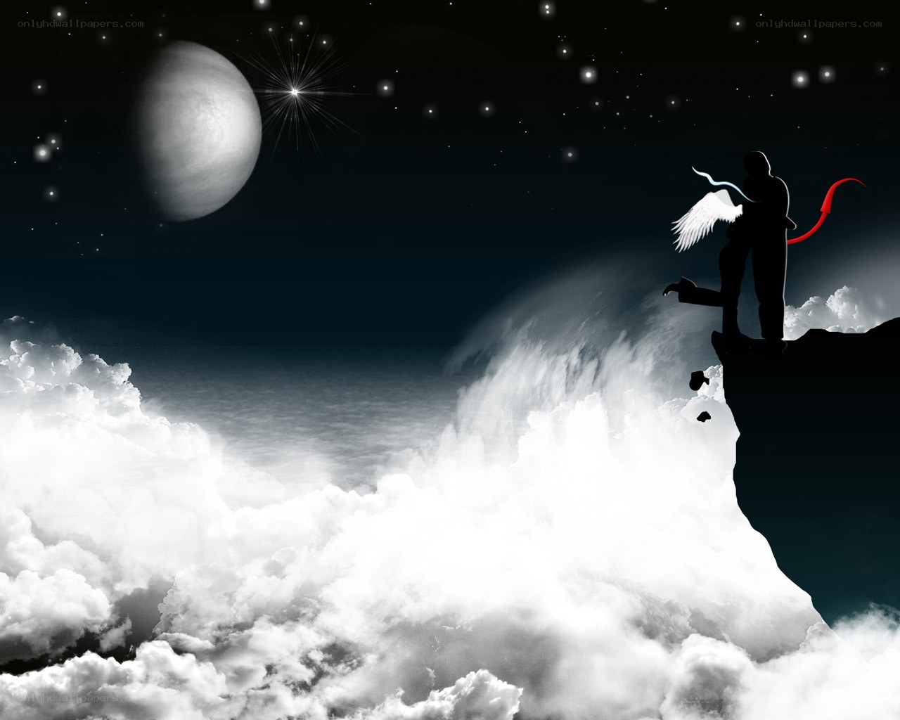 angel and devil on a cliff