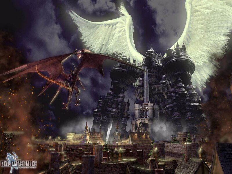 Angel and dragon over a castle