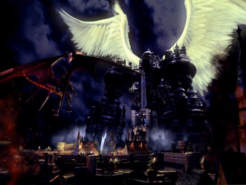 Angel and dragon over castle