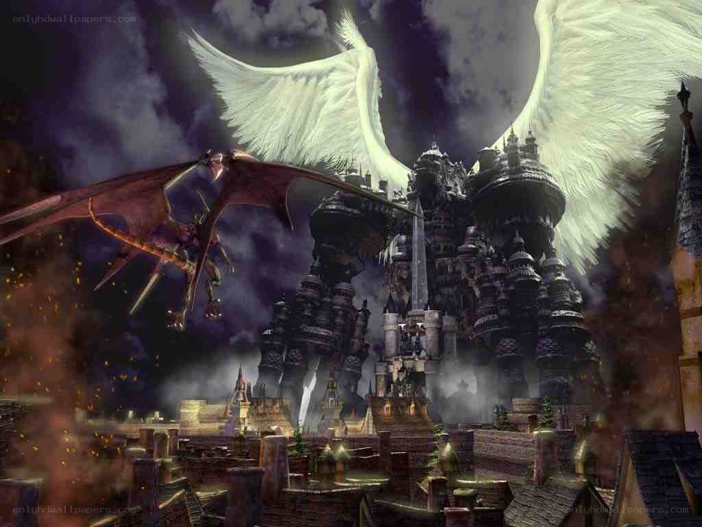 Angel and dragon over castle