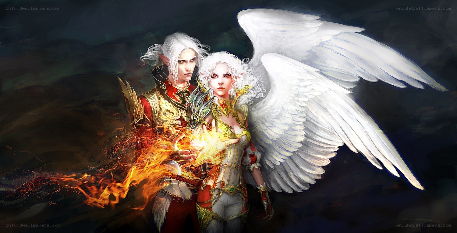 angel and elf with fire magic