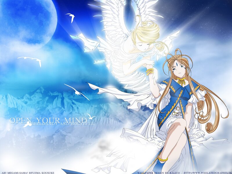 Angel and girl in blue sky