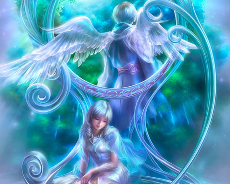 angel and girl in ethereal light