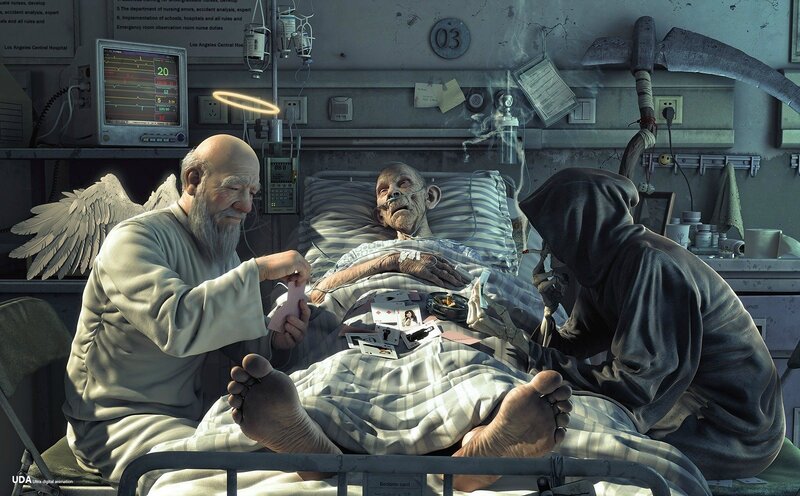 Angel and Grim Reaper at hospital bed