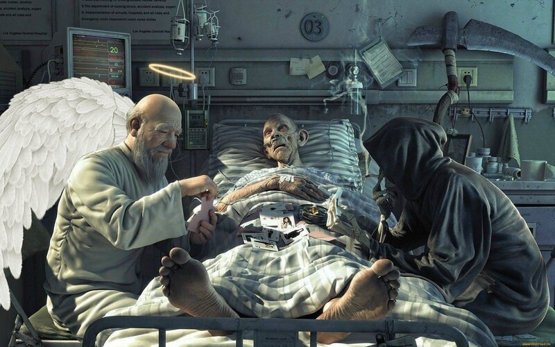 Angel and grim reaper at hospital bed