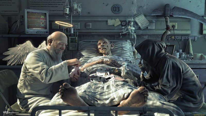 Angel and grim reaper at hospital bed