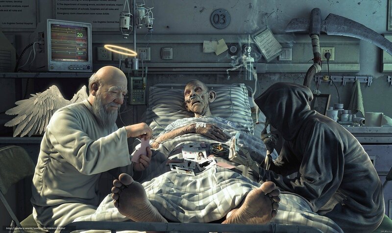 Angel and grim reaper at hospital bed