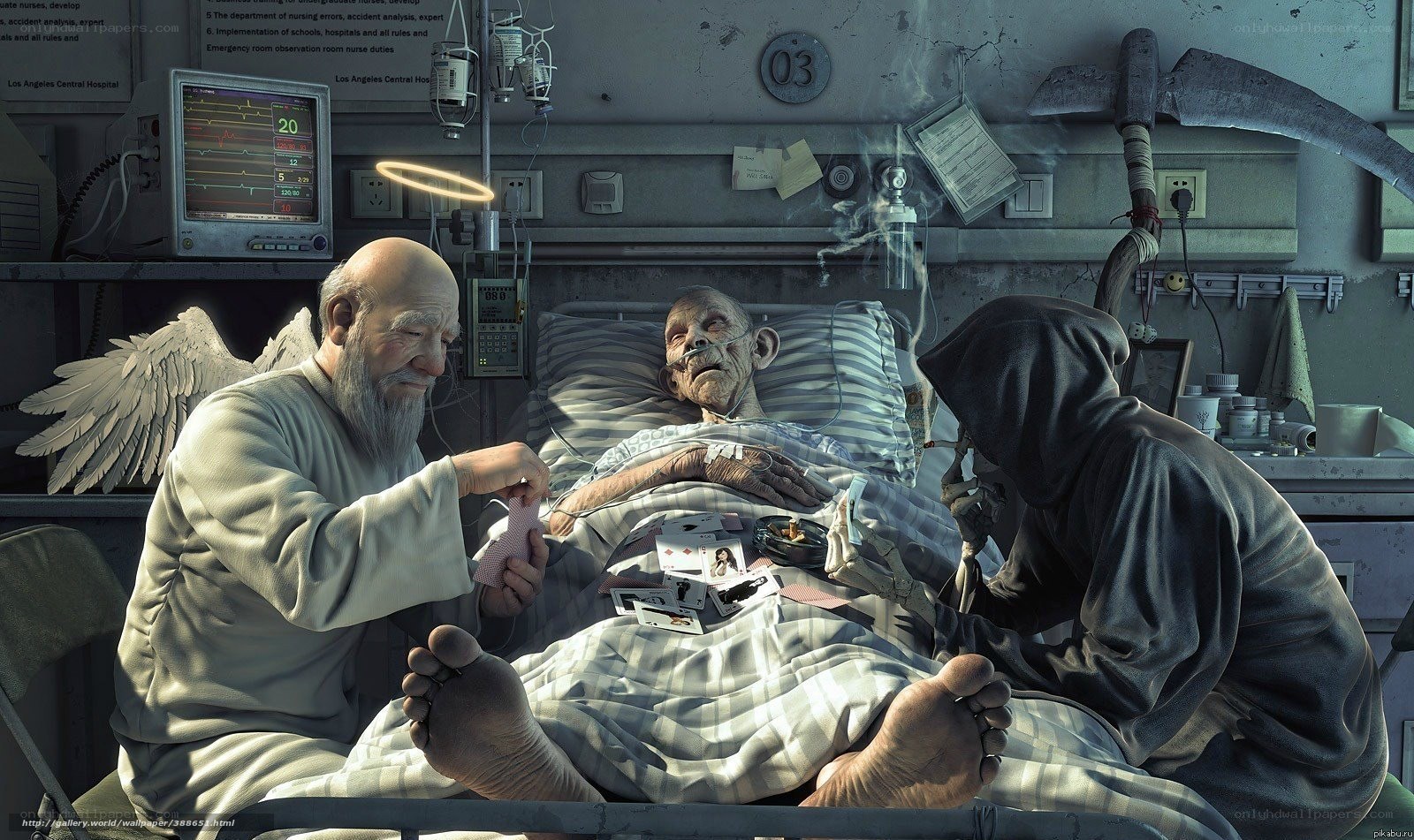 Angel and grim reaper at hospital bed