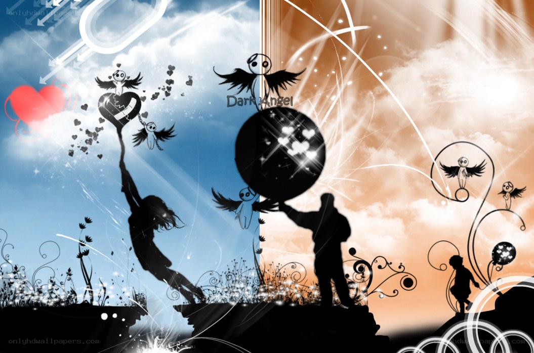 Angel and heart silhouettes
