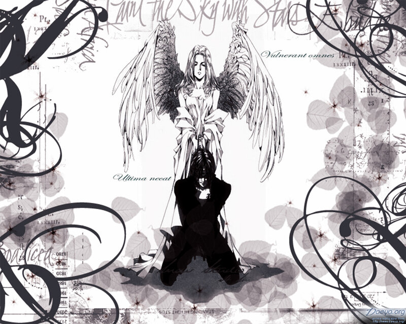 Angel and Kneeling Figure — Black, Dramatic, Manga
