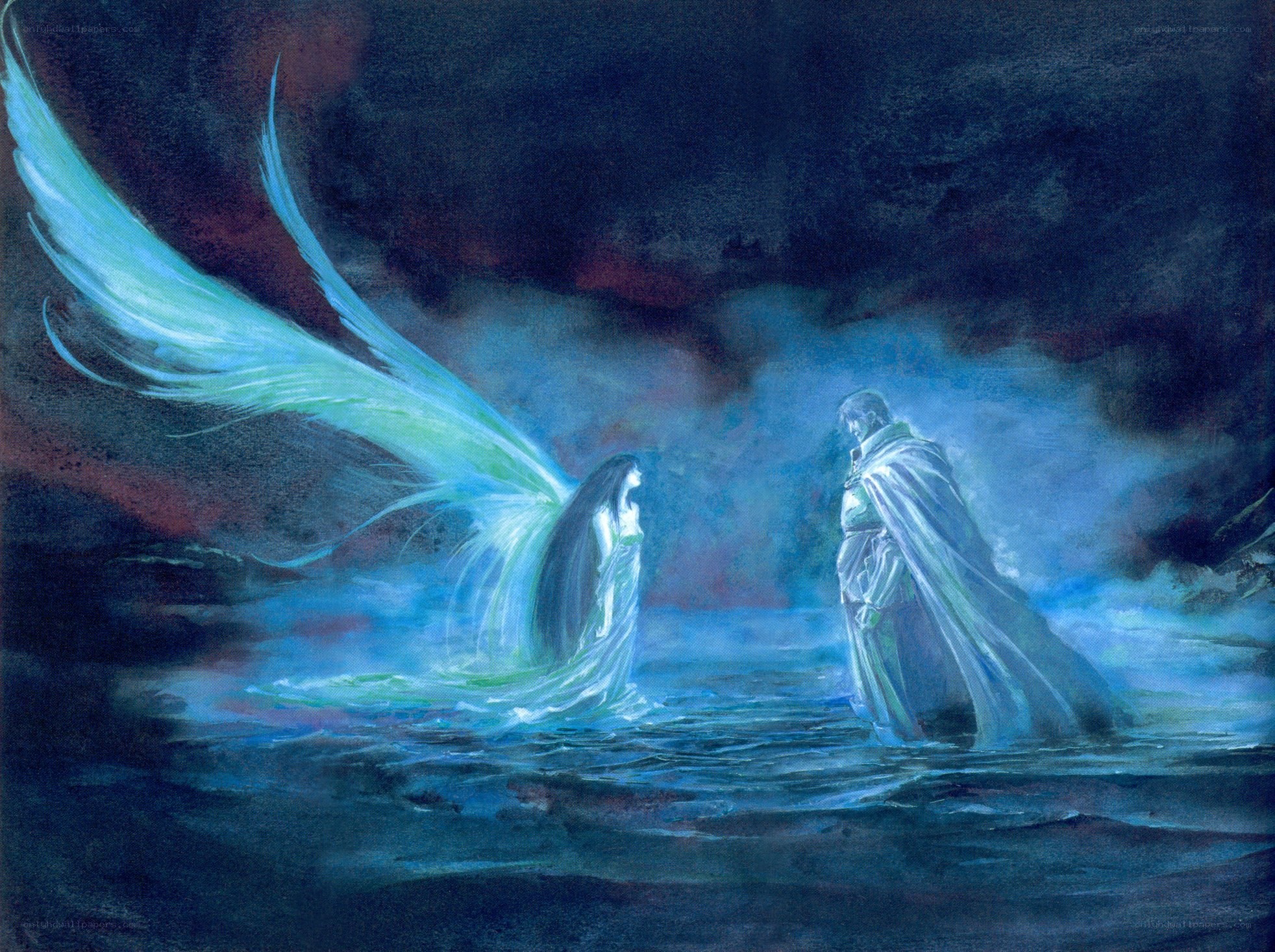 angel and knight in water