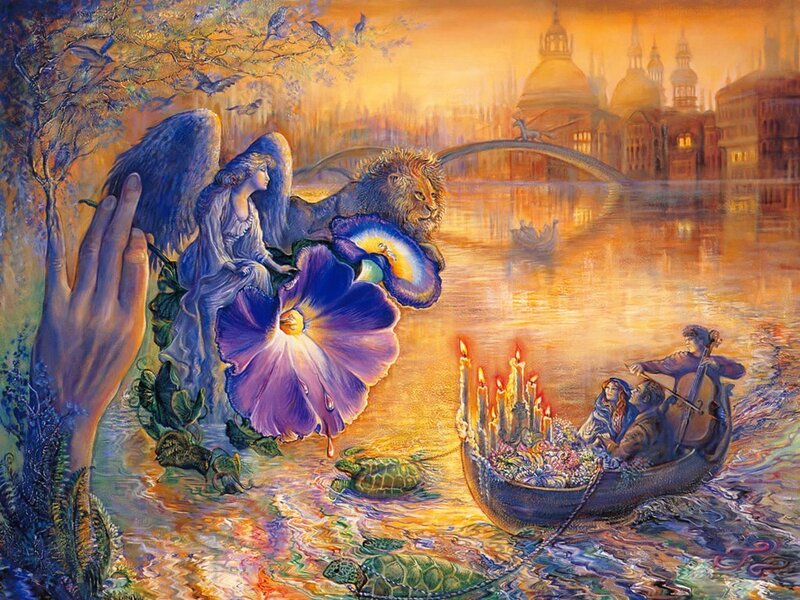 Angel and lion by river