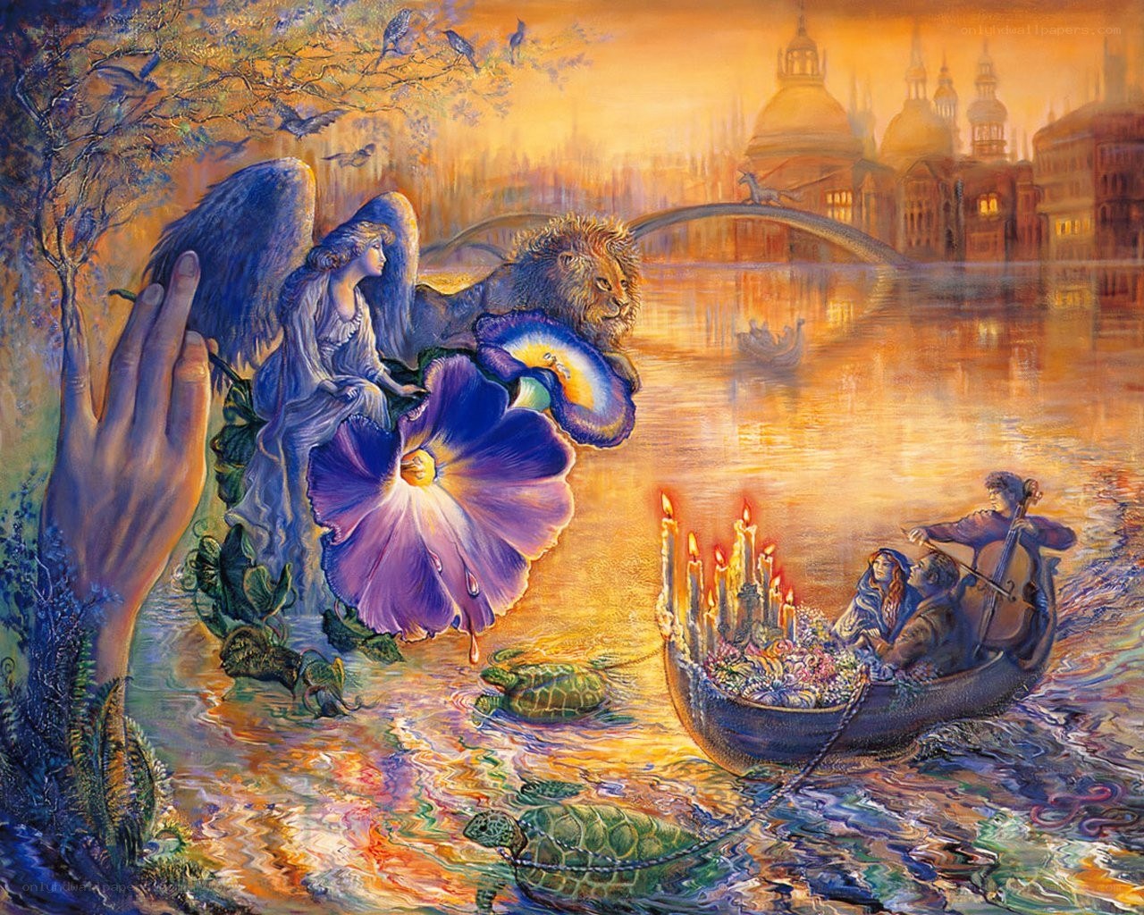 Angel and lion by river