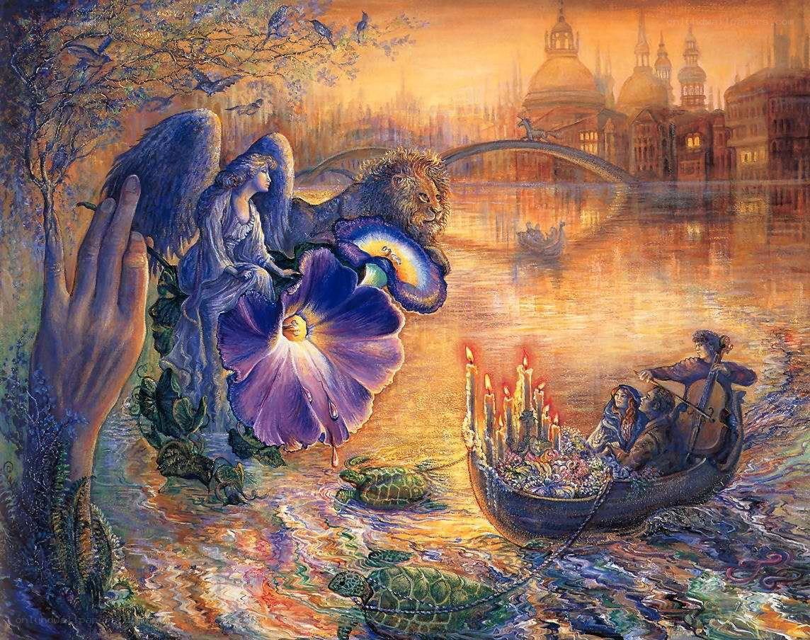 Angel and lion on a river