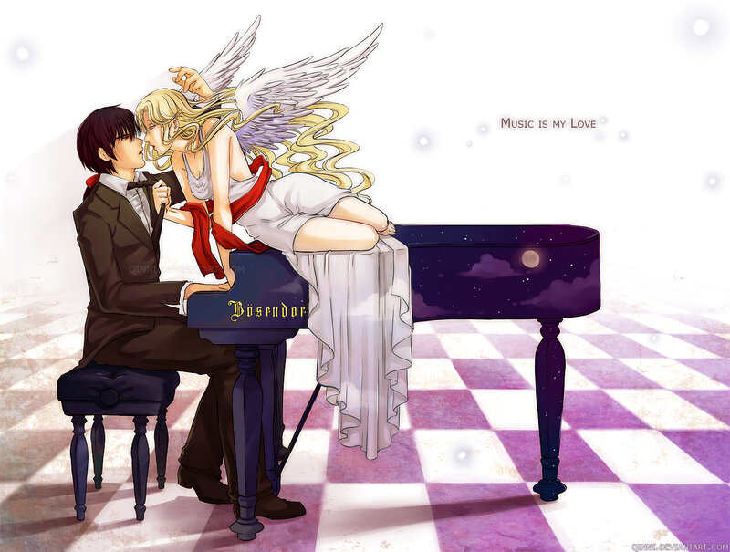 Angel and pianist kiss