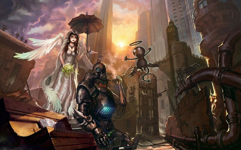 Angel and robot in a ruined city