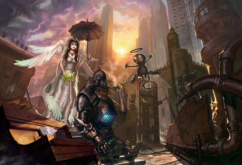 angel and robot in ruined city
