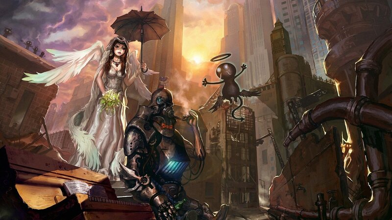 angel and robot in ruined city