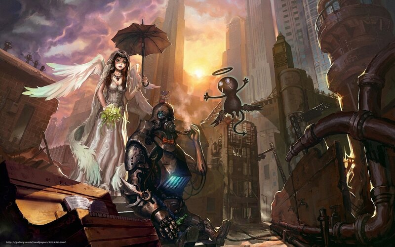 angel and robot in ruined city