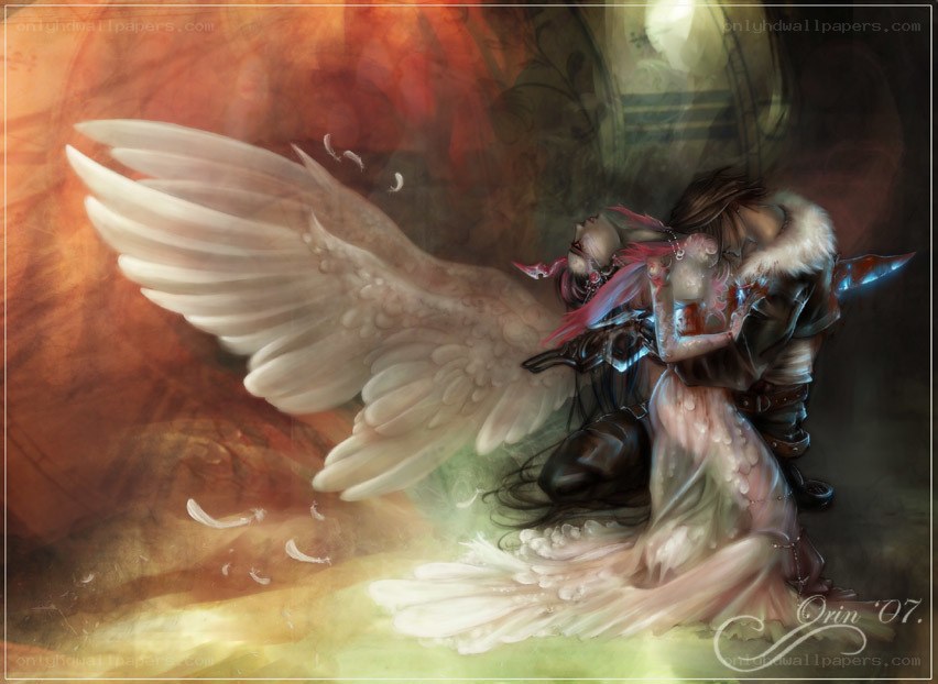 angel and warrior embrace
