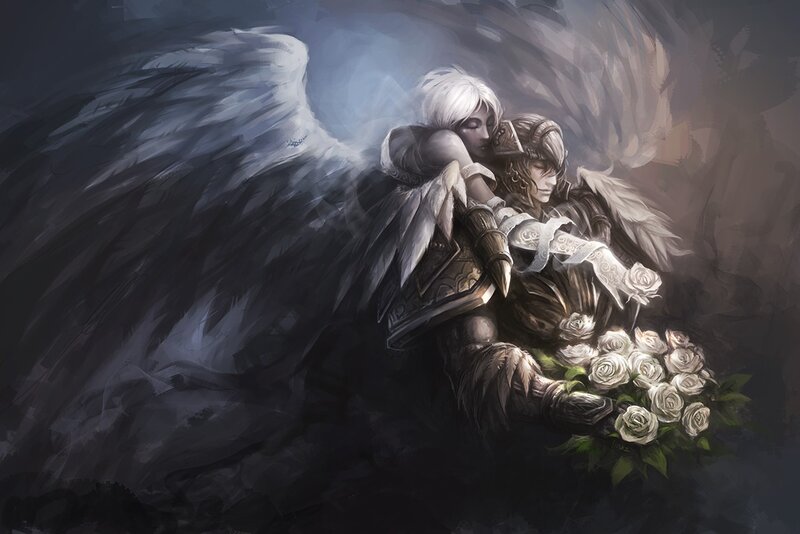 Angel and warrior embracing