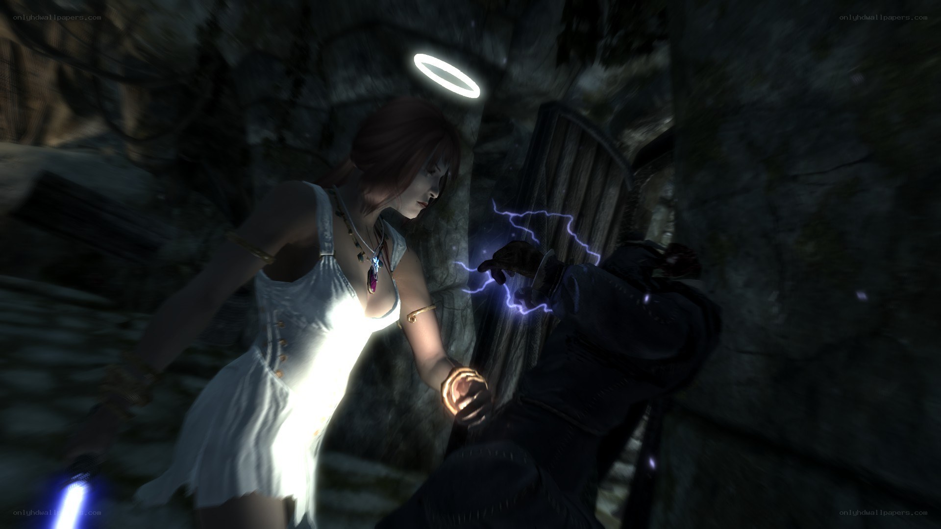 Angel and warrior in dark cave