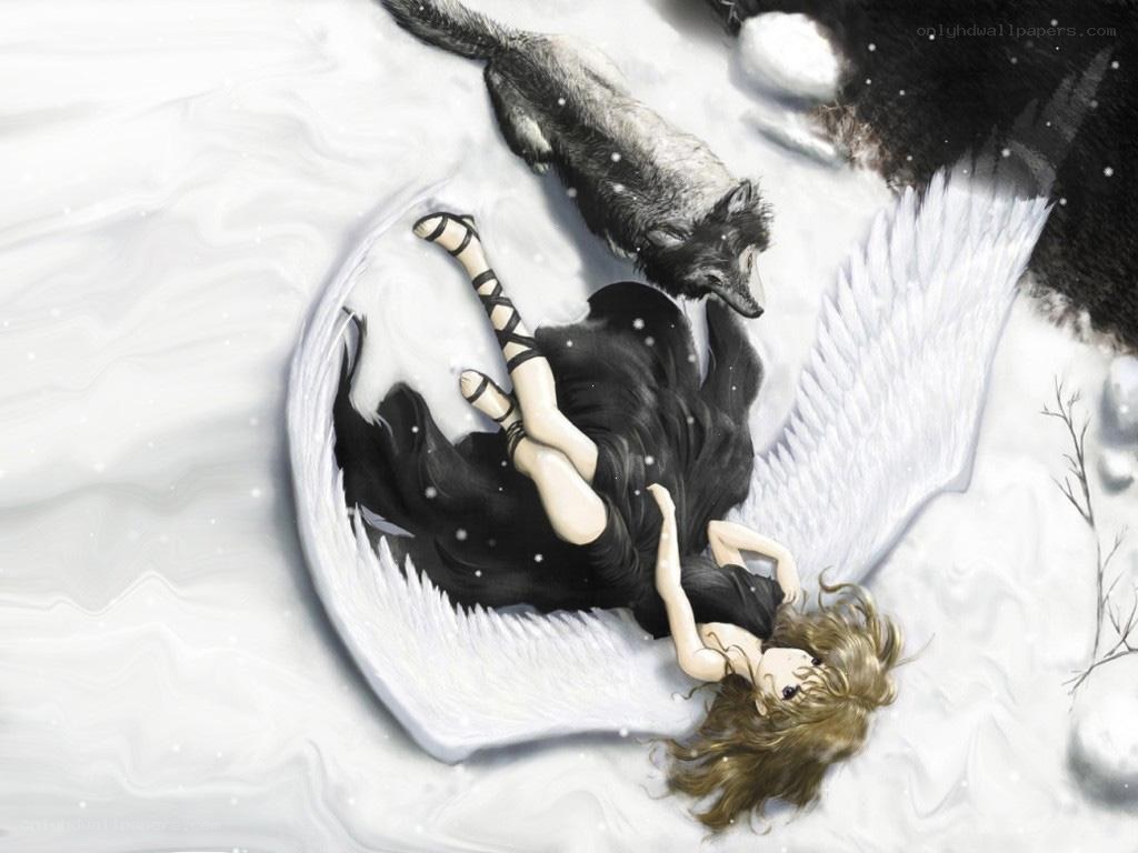 angel and wolf in snow