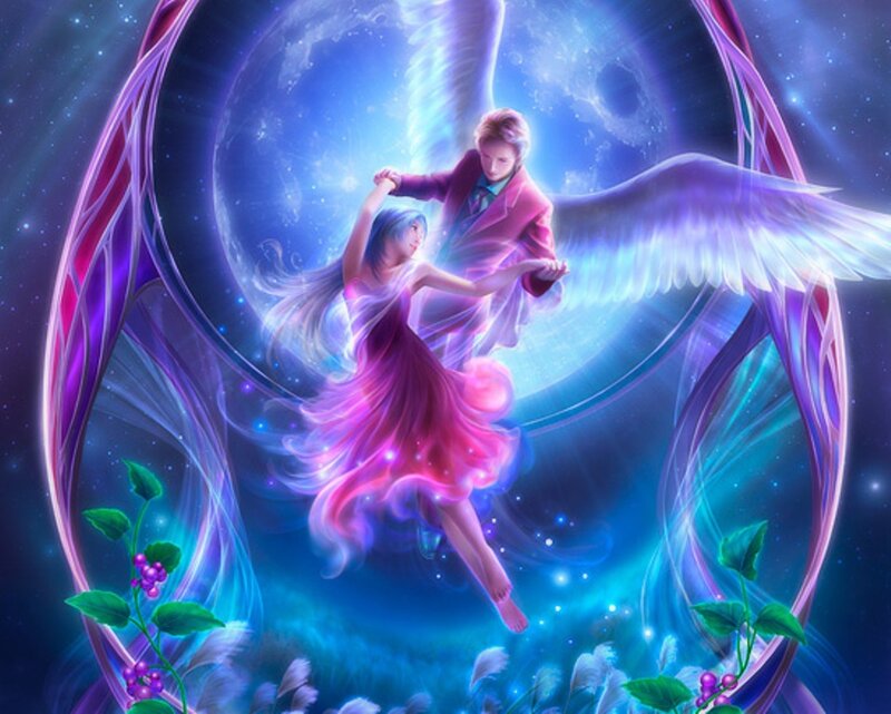 angel and woman dancing in space