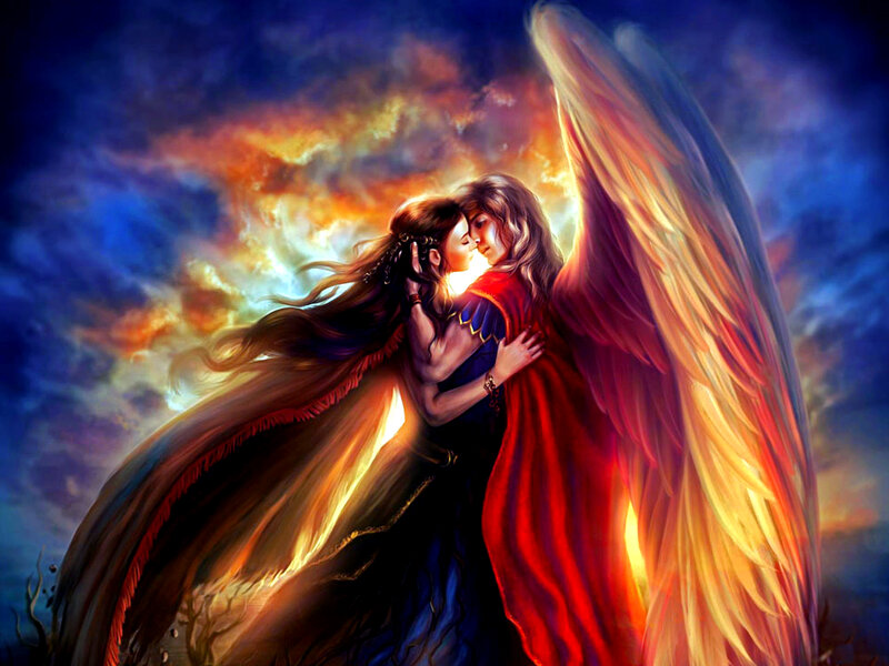 Angel and Woman Embracing — Blue, Dramatic