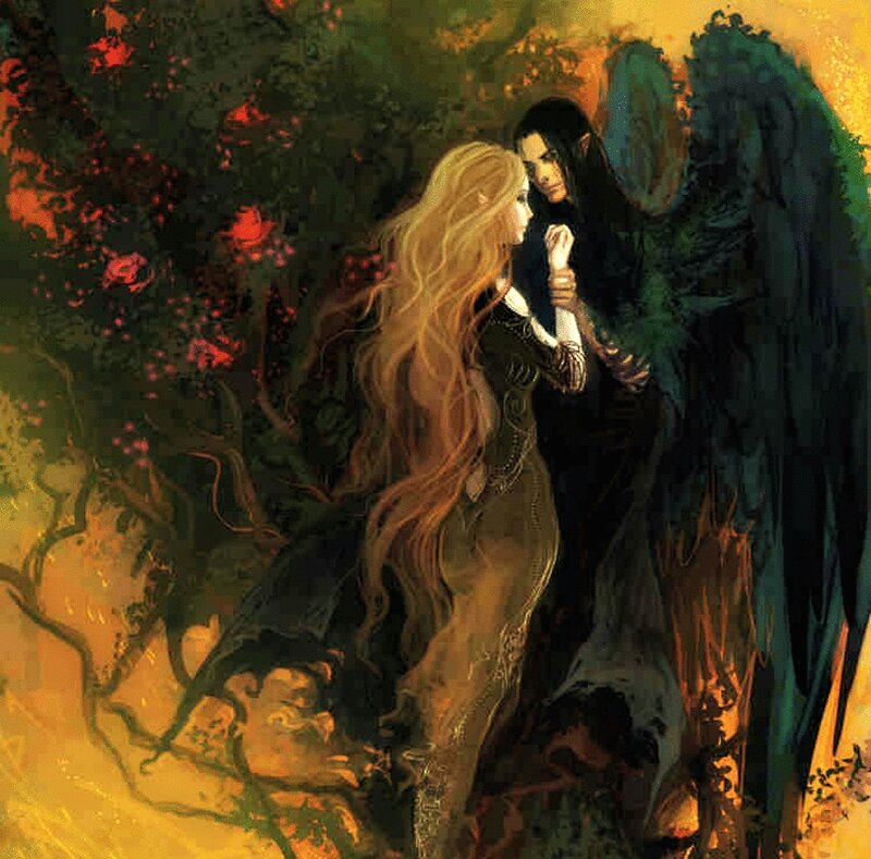 Angel and Woman Embracing — Green, Dramatic