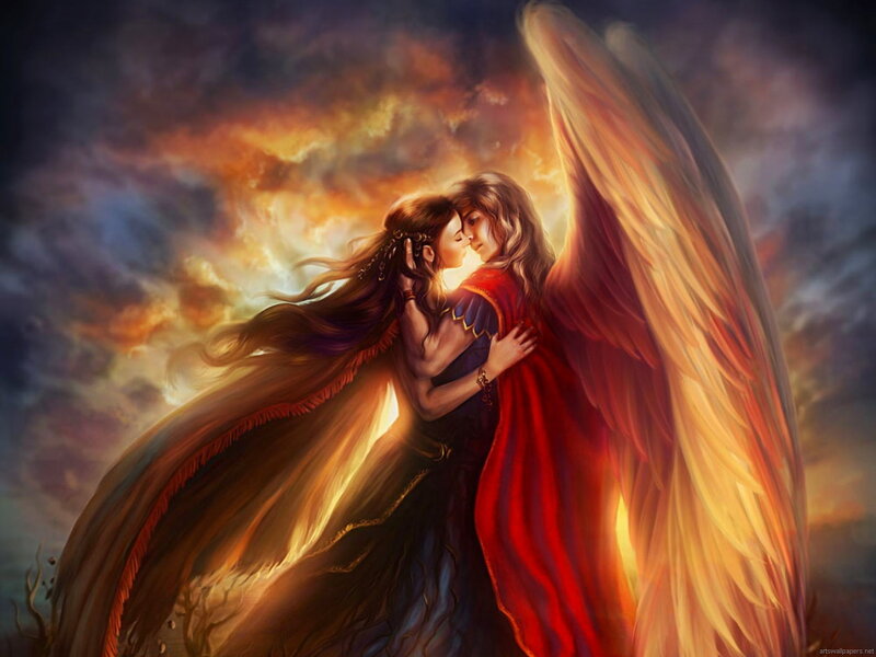 Angel and Woman Embracing — Red, Dramatic, Sunset
