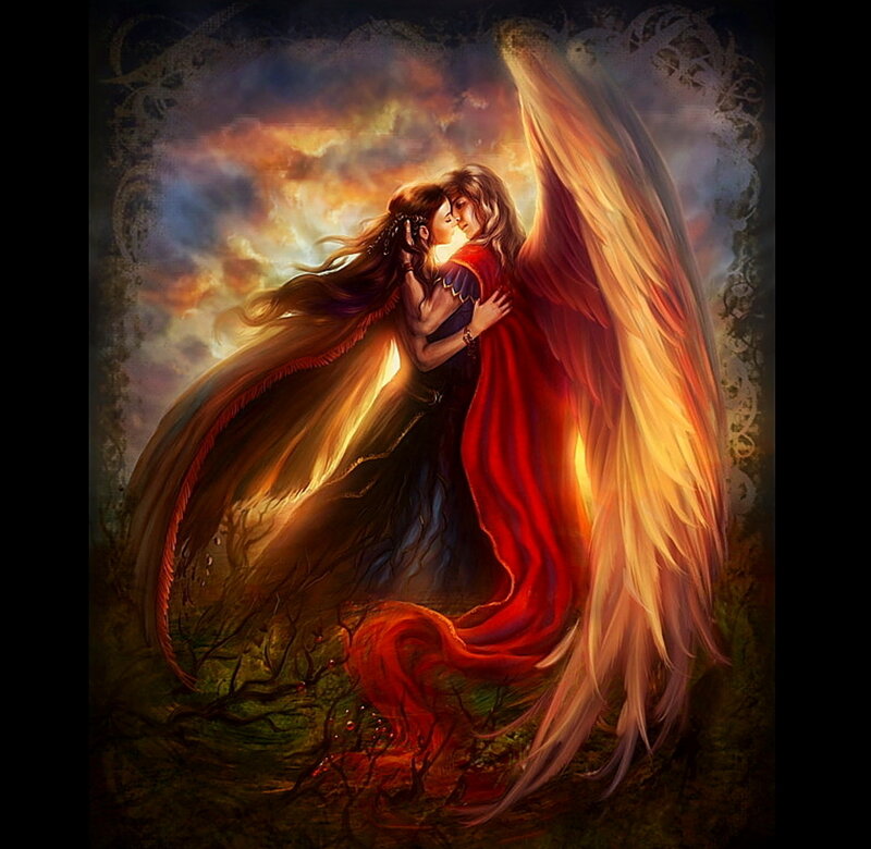 Angel and Woman Embracing — Red, Dramatic