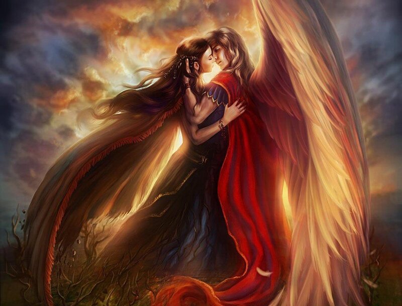 angel and woman embracing