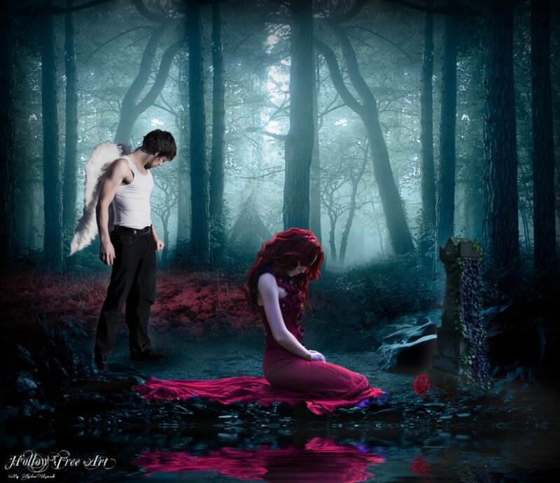 Angel and Woman in Forest — Blue, Dramatic
