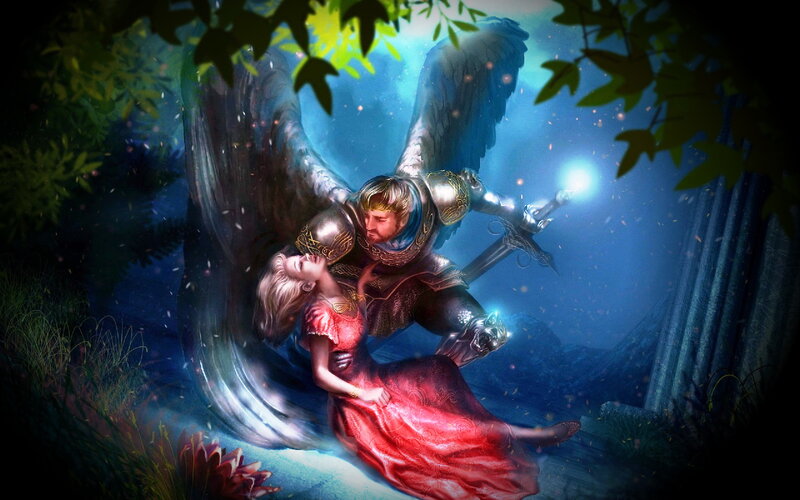 Angel and Woman in Forest — Blue