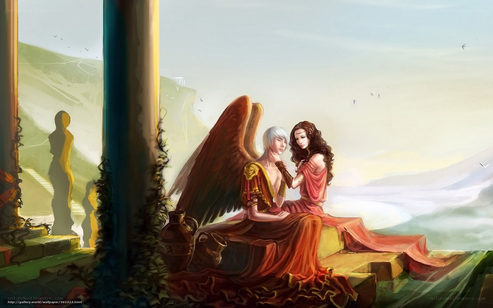 Angel and woman on a terrace
