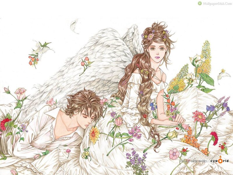 Angel and young man in flowers