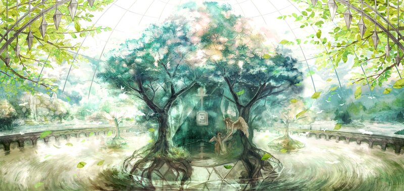 Angel at a gravesite in a greenhouse
