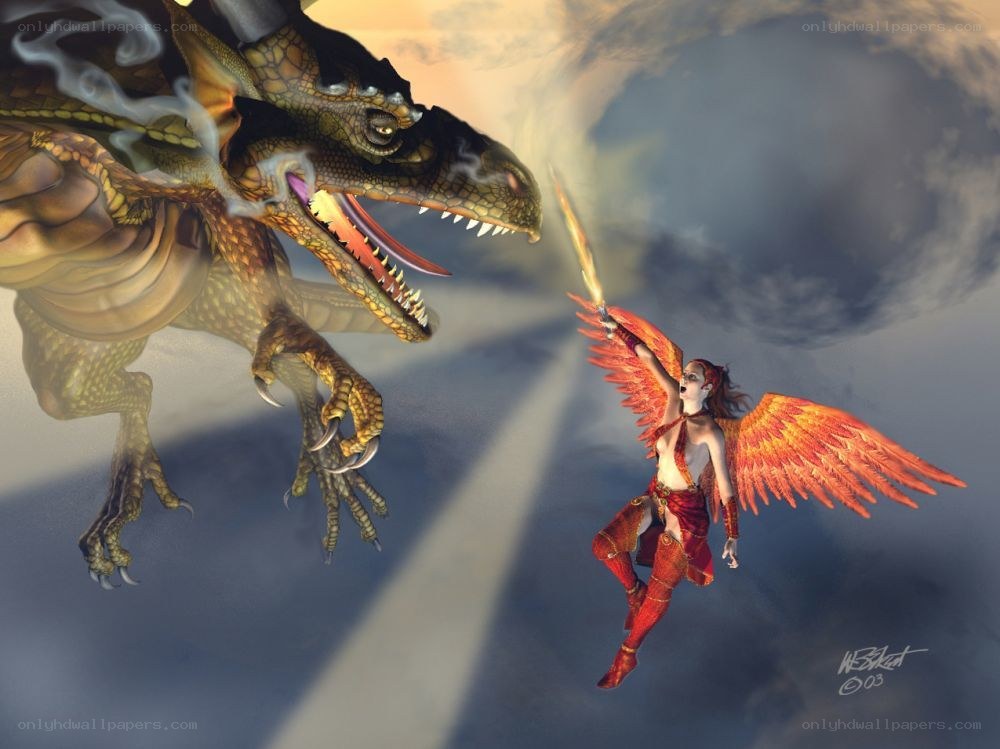 angel battling a dragon
