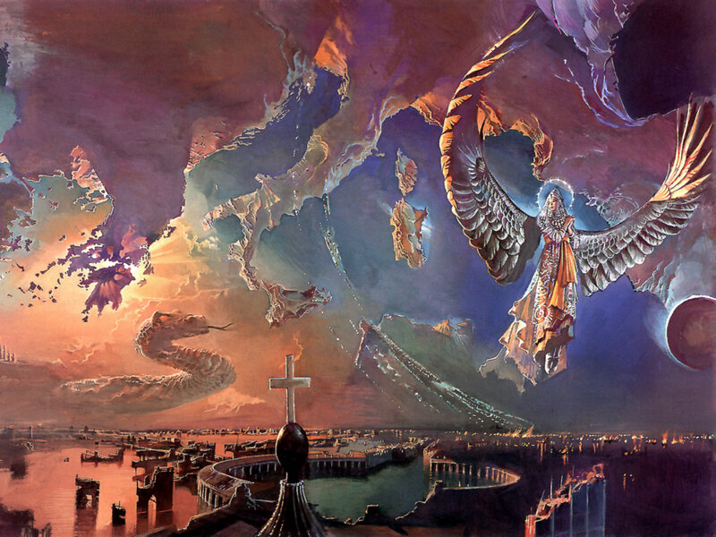 Angel battling dragon over city