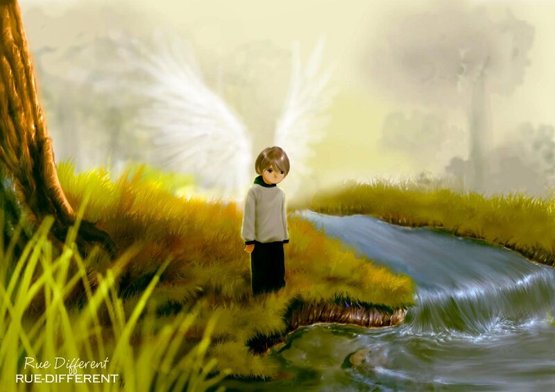 Angel boy by a stream