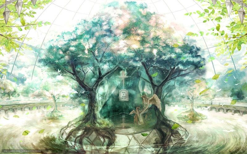 Angel by a grave in a greenhouse