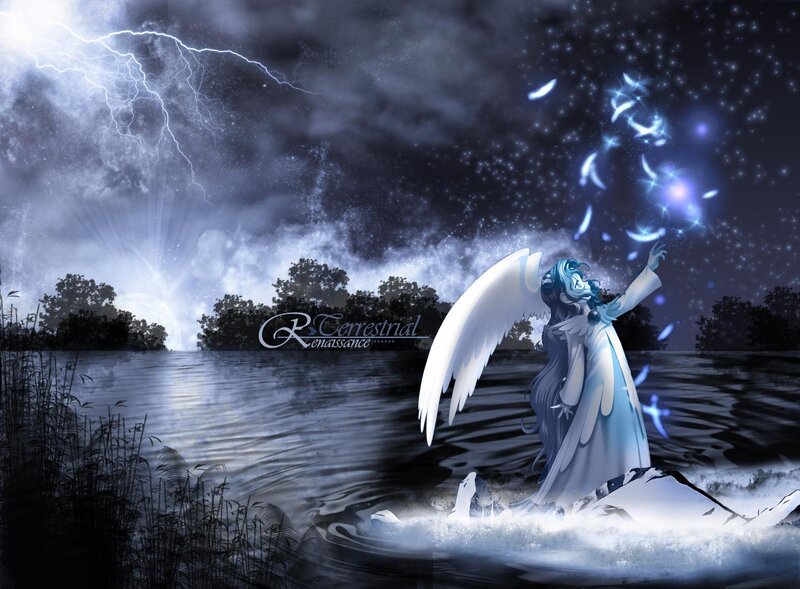 Angel by the lake at night