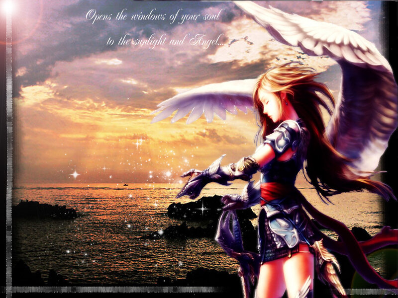Angel by the sea at sunset