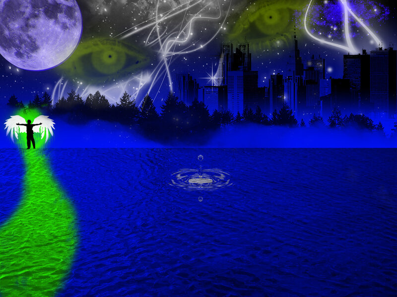 angel by the water at night