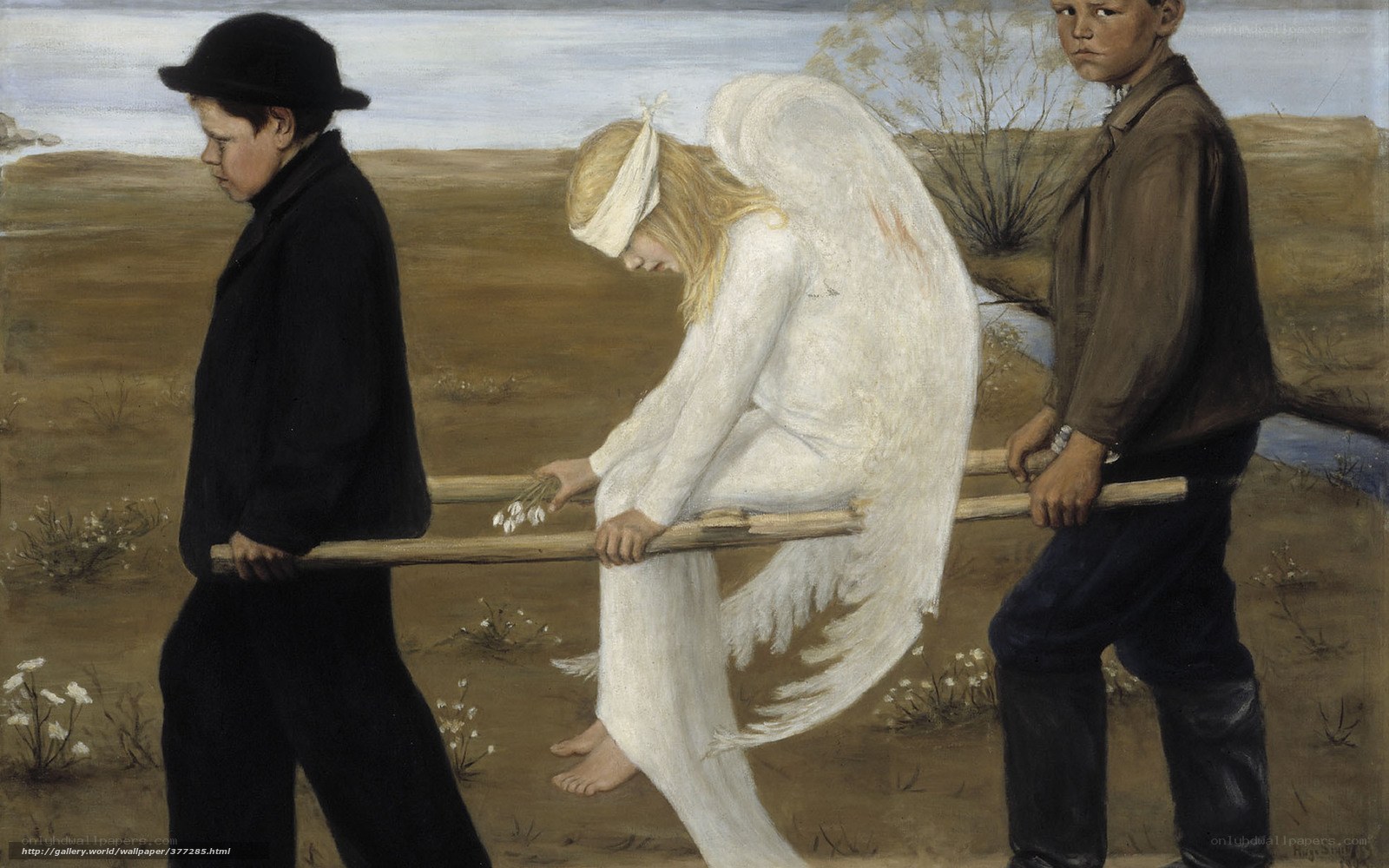 Angel carried by two boys